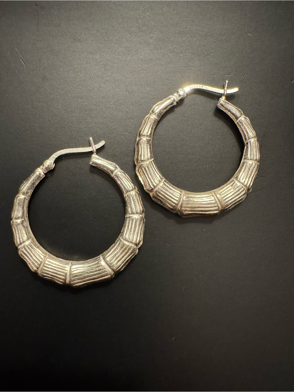 Sterling Silver Bamboo Hoop Earrings 1.25” Textured - Stamped 925 HAN